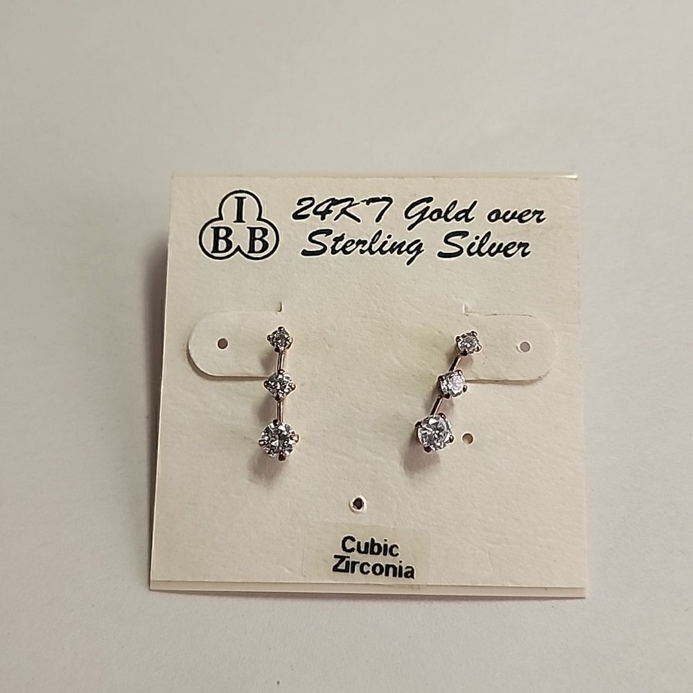 IBB 24K Gold Over Sterling Silver Earrings with Cubic Zirconia CZ Stones